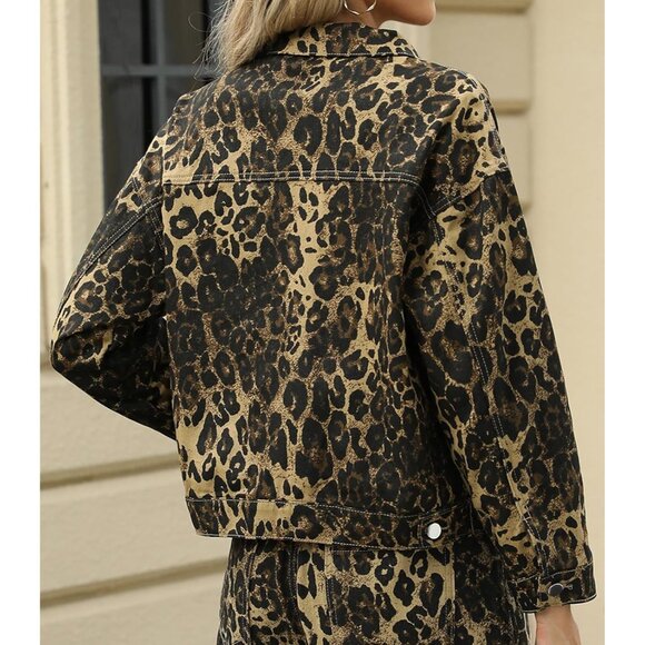 Brand New Women Leopard Print Rayon Cropped Jean Jacket Button Up With Pockets - Picture 4 of 6